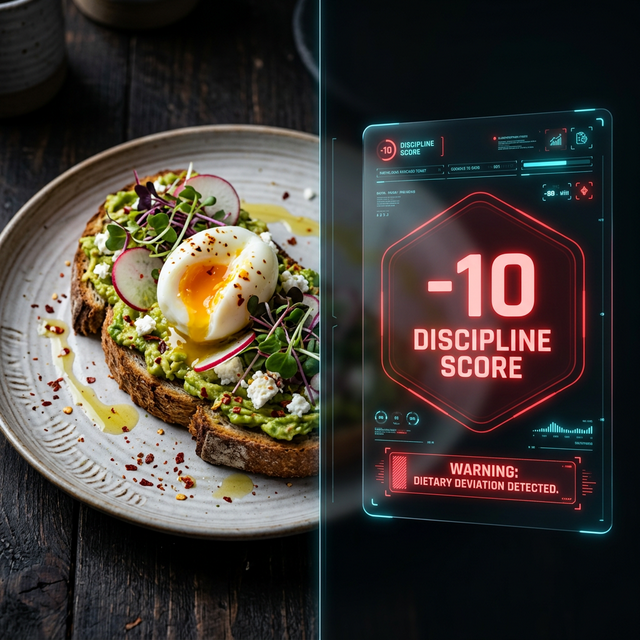 Healthy-looking avocado toast revealing a -10 Discipline Score