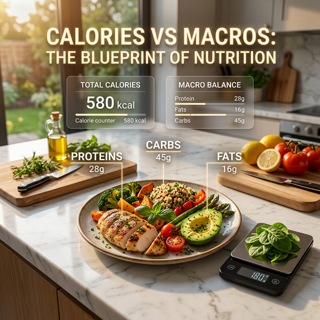 Healthy plate of food compared to a digital scale