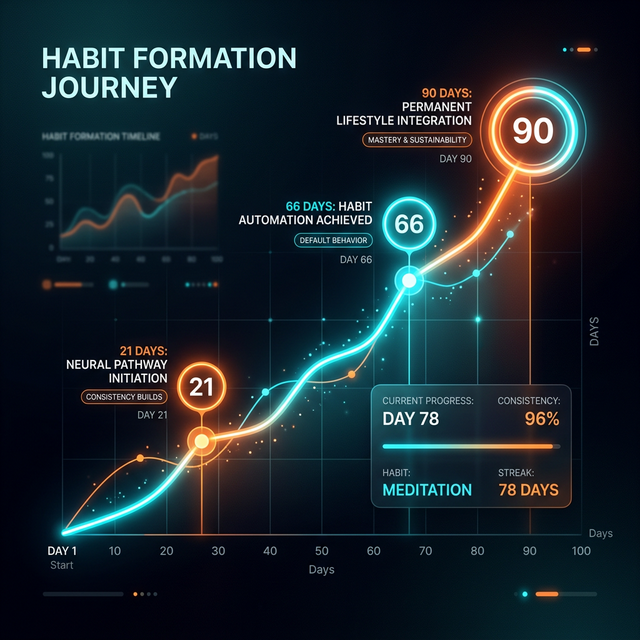 Habit formation timeline showing 21, 66, and 90 days